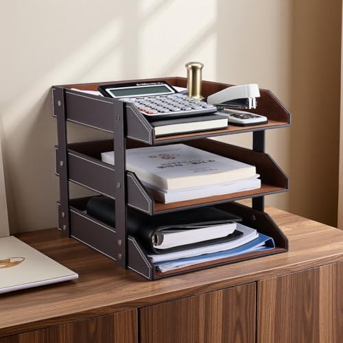 KINGFOM Letter Tray Leather Paper Organizer Tray Wooden Desk File Holder Desktop File Stackable Magazine Holder Mail Sorter Great for Home or Office 3 Level Brown - Image 3