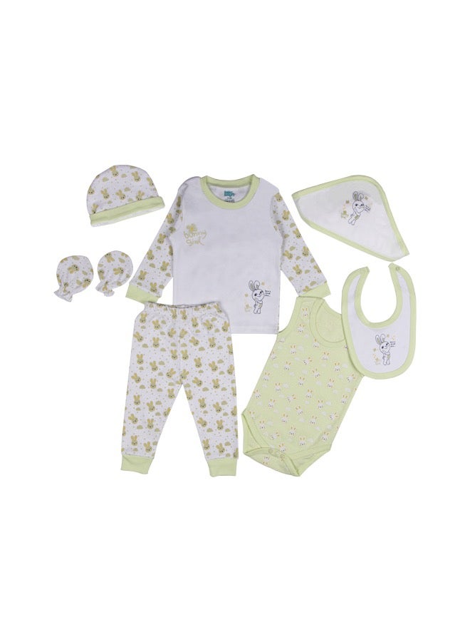 Babies Basic 7 Piece Unisex 100% Cotton Gift Set Include Bib, Blanket, Mitten, Cap, Romper, Top And Bottom Set  - Image 1