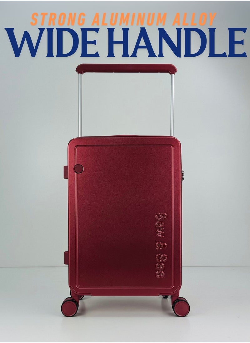 SAW & SEE - Carry On Luggage Wide Handle Luxury Design Rolling Travel Suitcase, TSA Approved combination Lock, PC Hardside with Cup Holder and 4 Double Spinner Wheels, 20 inch - DARK RED - Image 1