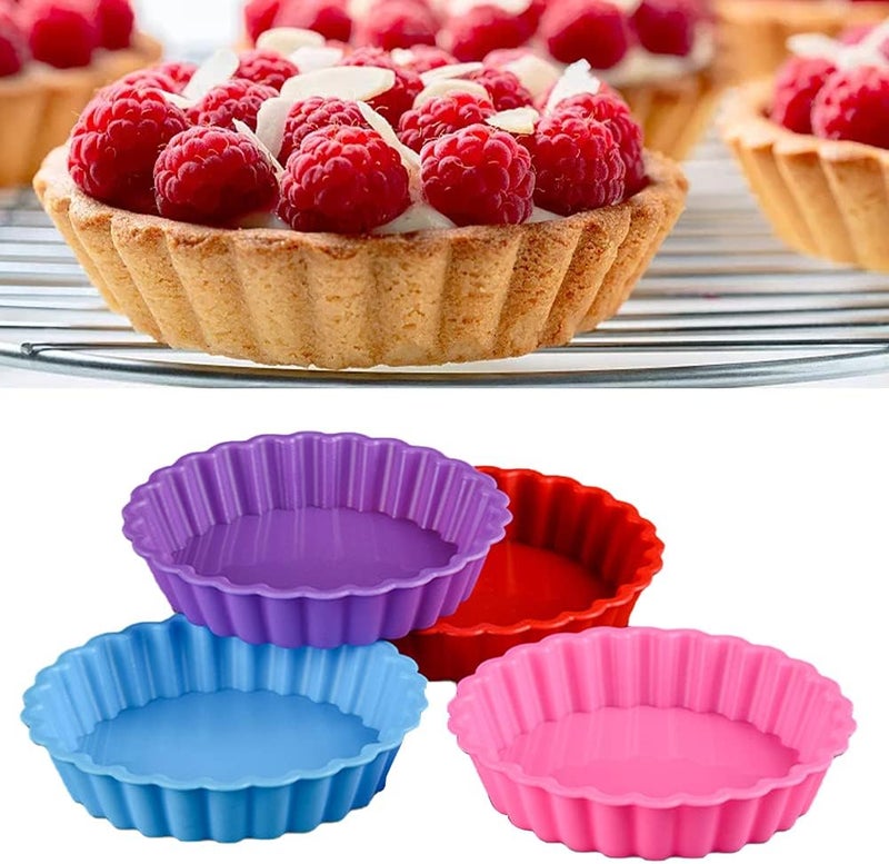 QKDS Silicone Quiche Pan, 8 Pack Silicone Tart and Pie Molds, Round 4 Inch Non-stick Mini Quiche Molds Small Pie Baking Pan Tart Molds DIY Baking Pies/Tarts/Mousse Cakes, Random Color - Image 2