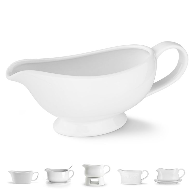 Kook Ceramic Gravy Boat, Serving Dispenser, Porcelain Pitcher for Sauces, Dressings and Creamer, Large Handle, Microwave and Dishwasher Safe, 21 oz, White - Image 1
