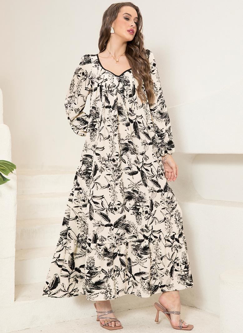 FridayIn Elegant style Square collar Flowers Color contrast Lantern sleeve Long Dresses White - Image 1