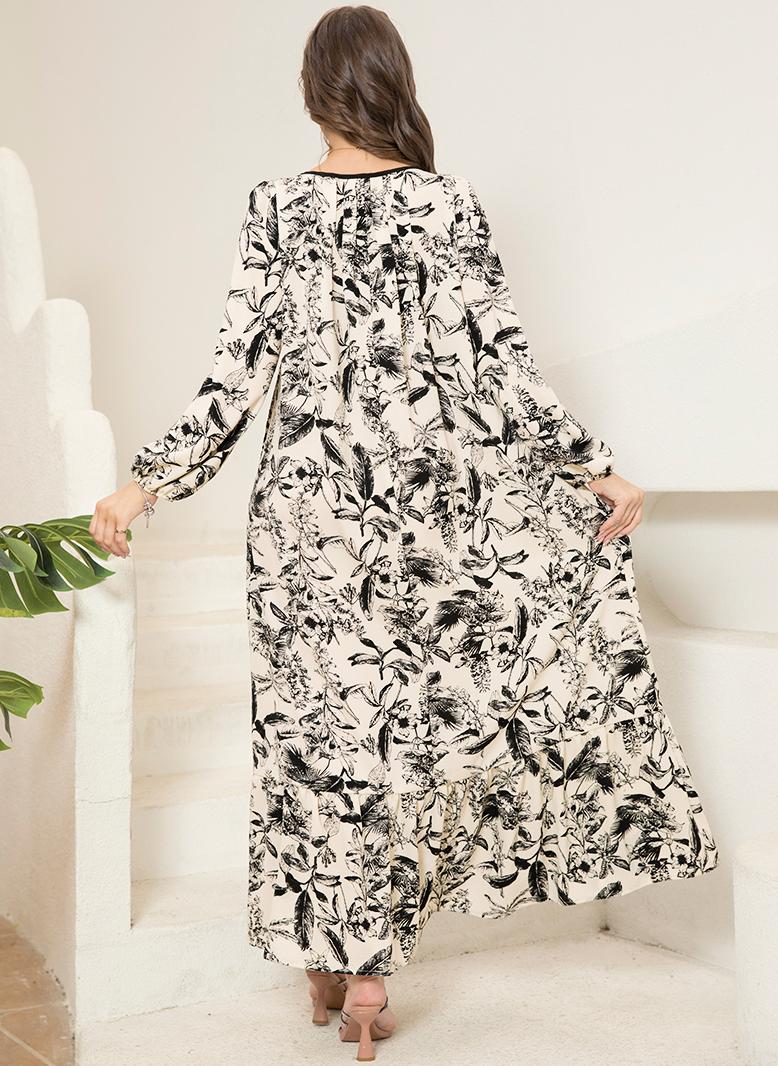 FridayIn Elegant style Square collar Flowers Color contrast Lantern sleeve Long Dresses White - Image 2