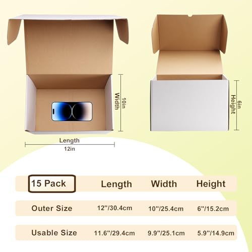 WIFTREY 12x10x6 Shipping Boxes set of 15, 12 x 10 x 6 White Corrugated Cardboard Boxes for Packaging Small Business, Moving, Mailing - Image 2