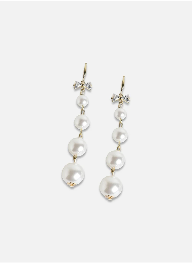 SOHI Bow Pearl Drop Earrings - Pearl White & Cahmpayne Gold-Colour