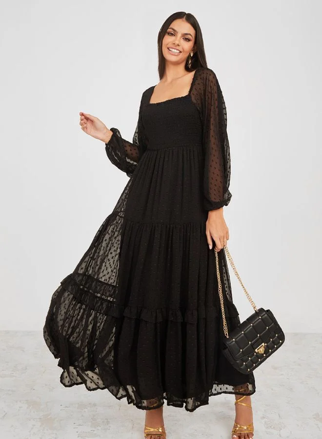 dobby chiffon tiered maxi dress Boohoo Dobby Chiffon Maxi Tiered Dress US Size 10 Black Long Shortsleeve New