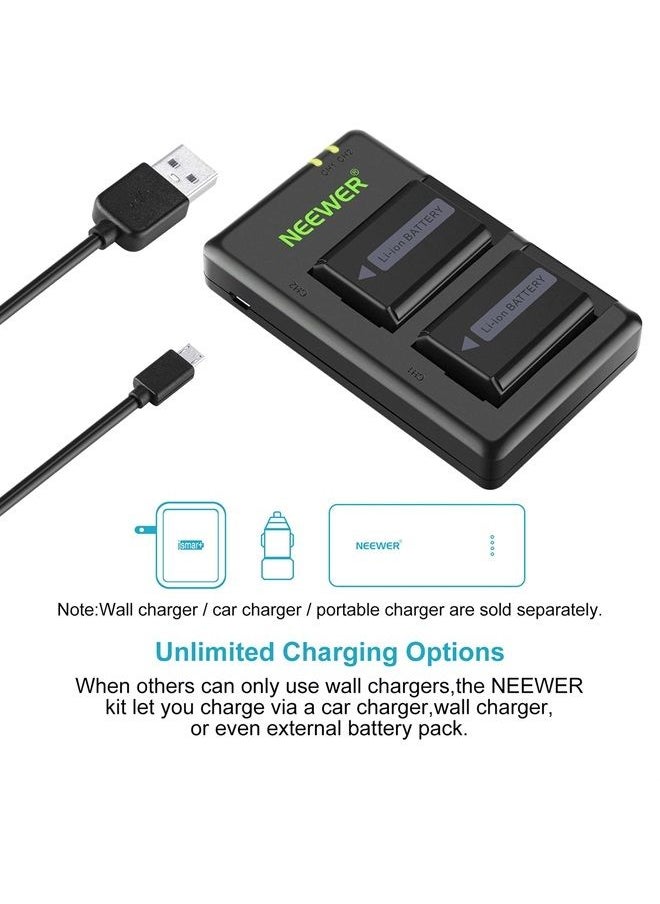 Neewer - NP-FW50 Camera Battery Charger Set Compatible with Sony ZV-E10, A7, A7R, A7RII, A7II, A7SII, A7S, a6300, a6400, a6500, RX10 Series(2-Pack, Micro USB Port, 1100mAh) - Image 1