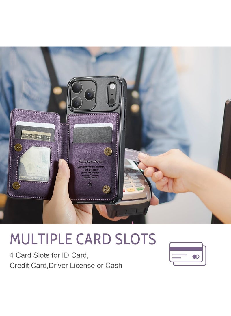 XIMAND جراب محفظة لهاتف آيفون 17 برو ماكس مزود بتقنية حجب RFID وحامل لخمس بطاقات ائتمان، مصنوع من جلد فاخر متين رفيع، مزود بمشبك مغناطيسي وحامل، غطاء واقٍ شديد التحمل ومقاوم للصدمات - بنفسجي - Image 2