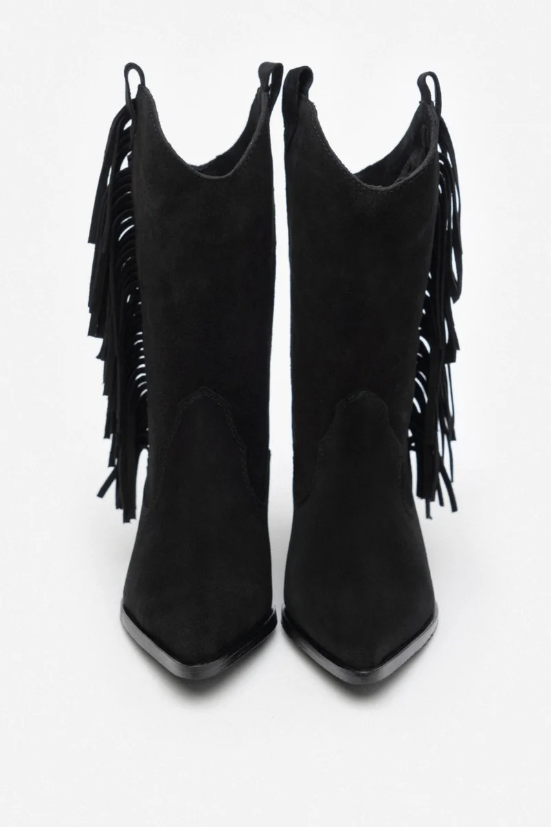 Nişantaşı Shoes Champ Black Suede Leather Tassel Detail Women's Thick Heeled Dallas Boots