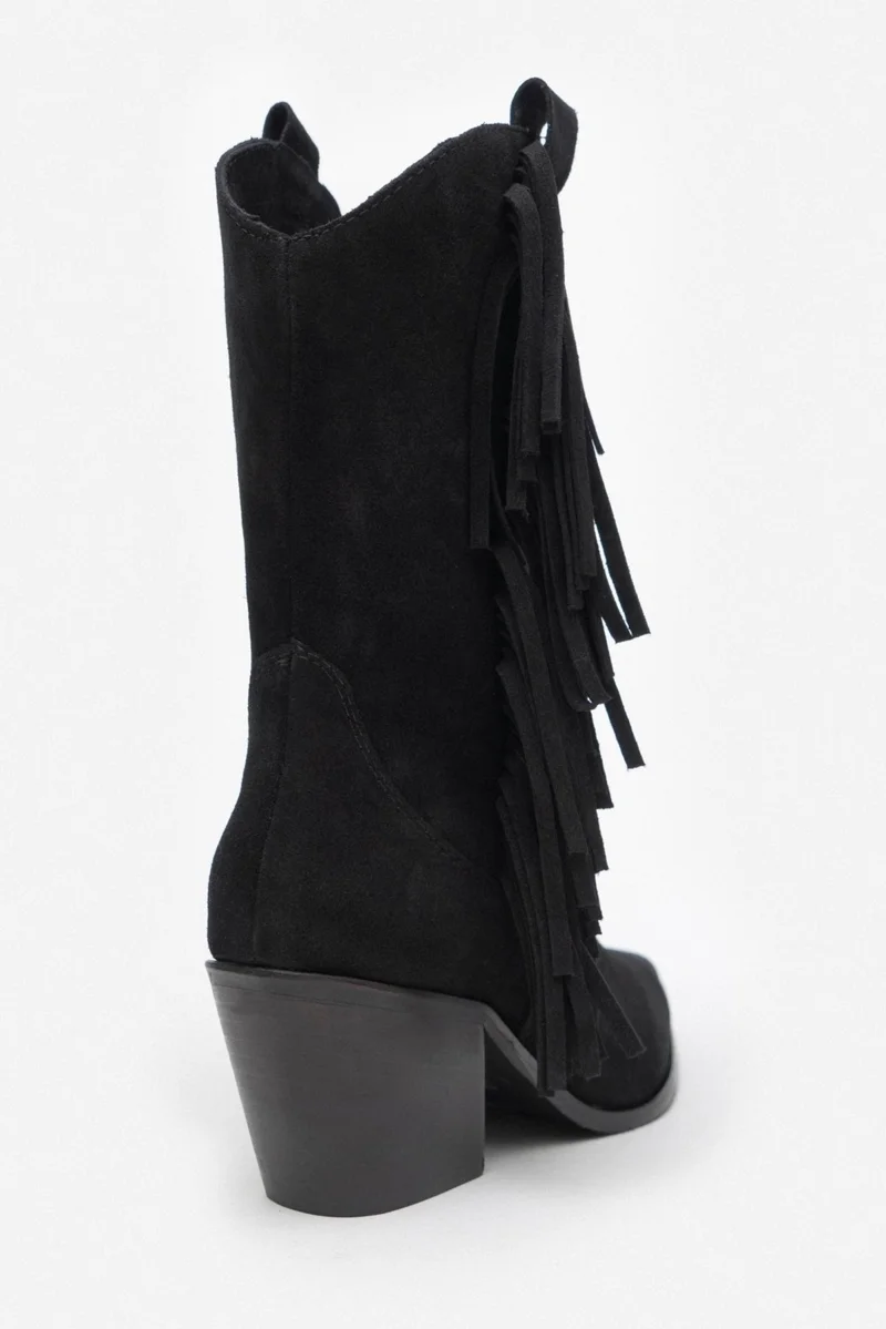 Nişantaşı Shoes Champ Black Suede Leather Tassel Detail Women's Thick Heeled Dallas Boots