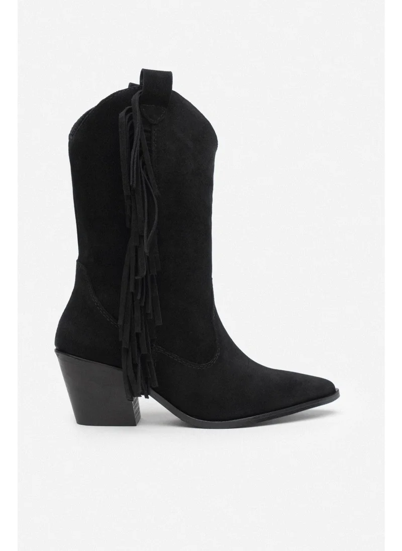 Nişantaşı Shoes Champ Black Suede Leather Tassel Detail Women's Thick Heeled Dallas Boots