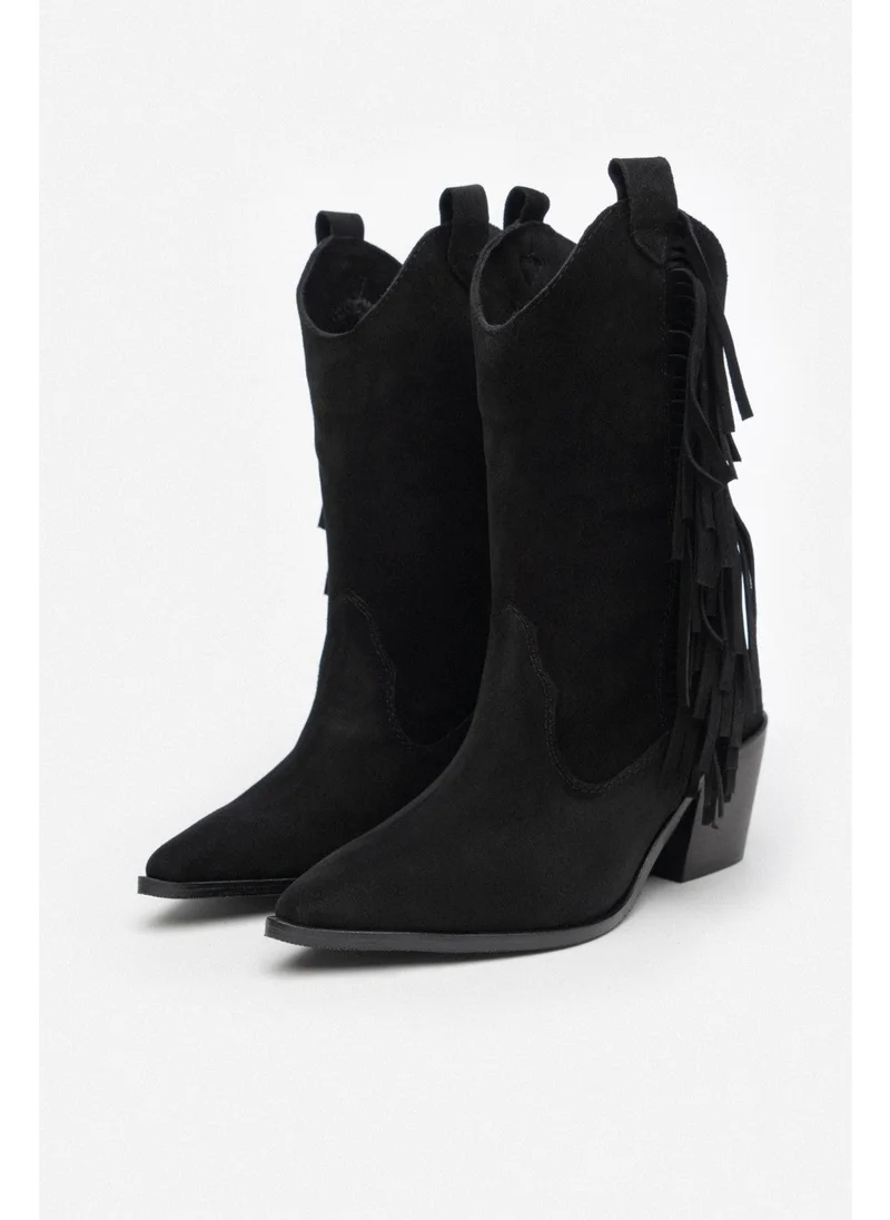 Nişantaşı Shoes Champ Black Suede Leather Tassel Detail Women's Thick Heeled Dallas Boots