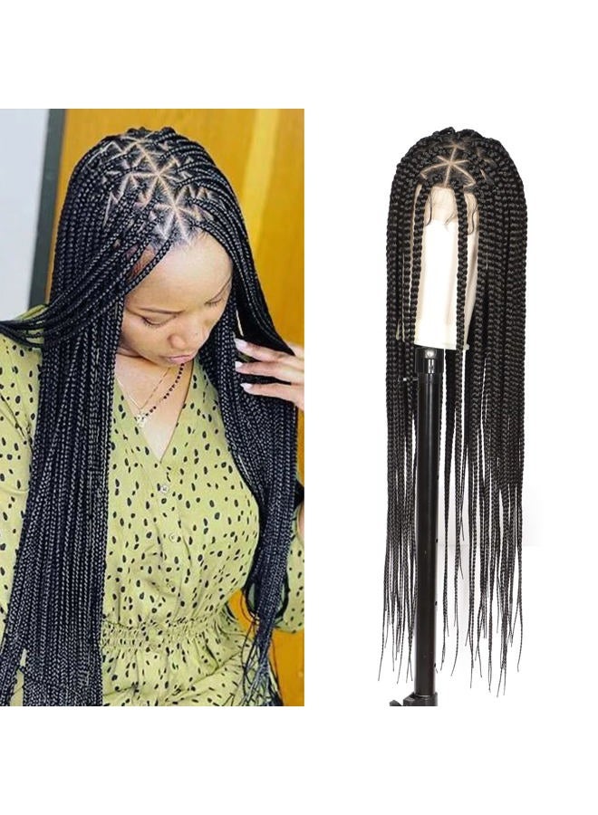 Lexqui 36'' Knotless Box Braided Wigs for Women Braided Lace Wigs Full Lace Braided wig Premium Synthetic Triangle Lace Front Braided Wigs with Baby Hair Braid Lace Front Wig Natural Black - Image 1