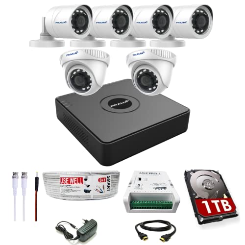 Prama 2MP Full HD CCTV kit with 8 Channel DVR + 4 Outdoor & 2 Indoor Cameras + 1 TB HDD + USEWELL Wire/SMPS, and Required Accessories, Motion Detection, Black - Image 1