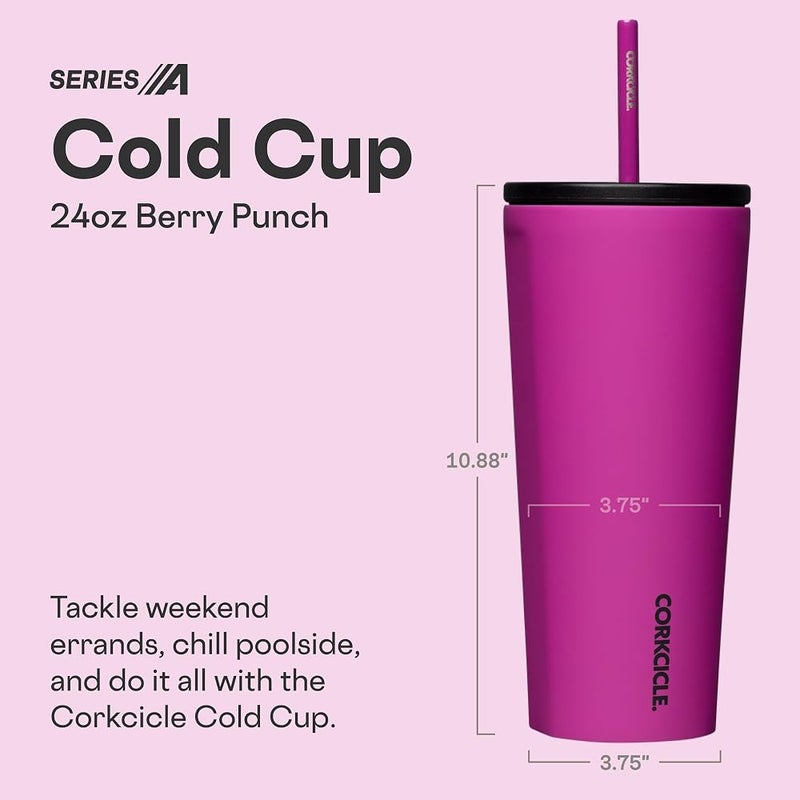 Corkcicle Cold Cup Insulated Tumbler with Straw - Keeps Drinks Cold for 12 Hours - Triple-Insulated Stainless Steel - Leak-Resistant Lid - Summer Drinkware Gift - 24 oz - Berry Punch - Image 1