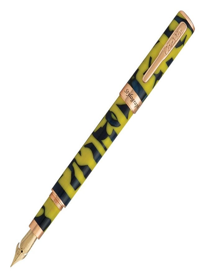 Conklin Stylograph Mosaic Fountain Pen Yellow/Blue – 18 Karat Rose Gold Plated Accents – Flex Nib – Luxury Writing Instrument – Ideal Gift for Pen Enthusiasts