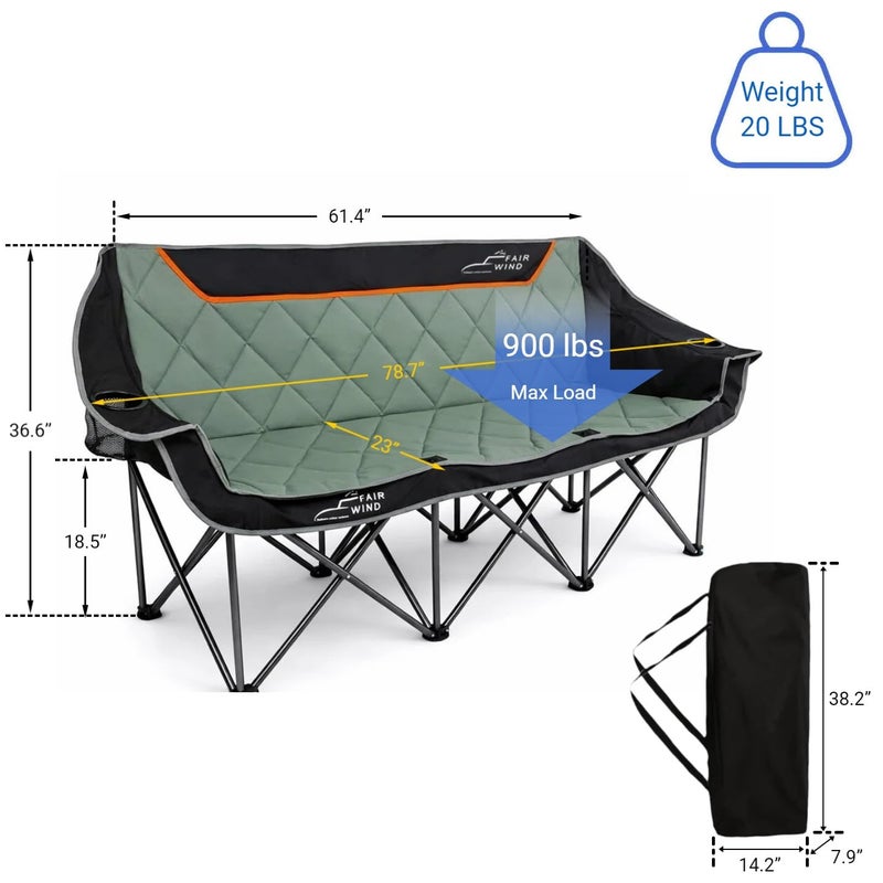 FAIR WIND Oversized 3 Person Camping Chair Padded Triple Loveseat Folding Camping Couch Duo Chair Heavy Duty Quad Fold Arm Chair with Cup Hold - Supports 900 LBS Black - Image 2