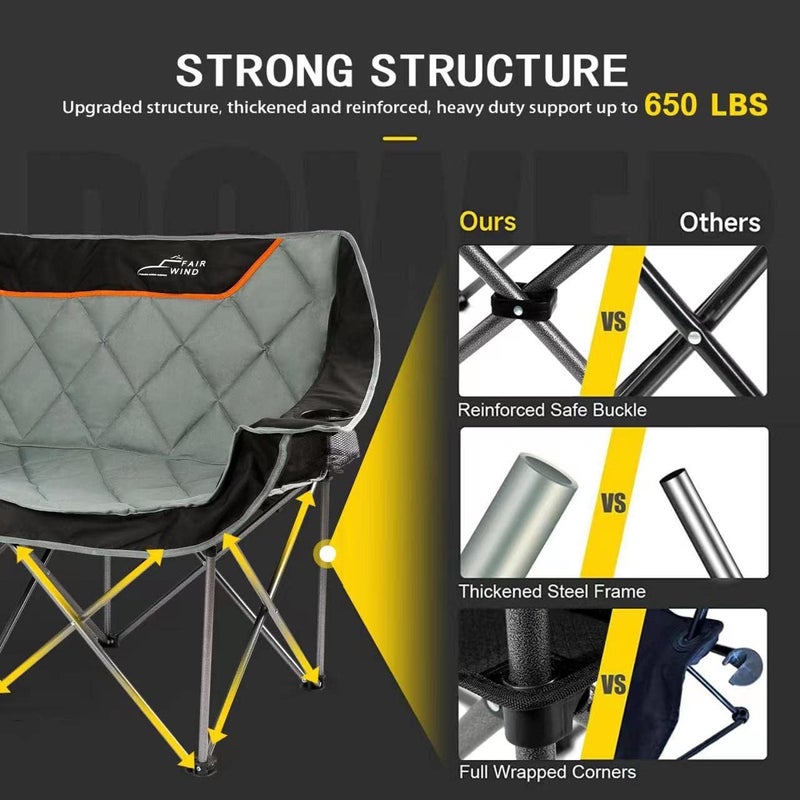 FAIR WIND Oversized 3 Person Camping Chair Padded Triple Loveseat Folding Camping Couch Duo Chair Heavy Duty Quad Fold Arm Chair with Cup Hold - Supports 900 LBS Black - Image 5