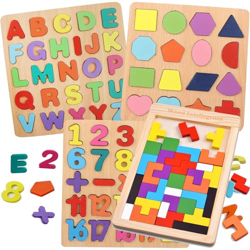 AMENDAS Wooden Educational Puzzle Board for Kids Toddlers Preschoolers Learning Toy ABC Alphabet Numbers Shapes Brain Development - Image 1