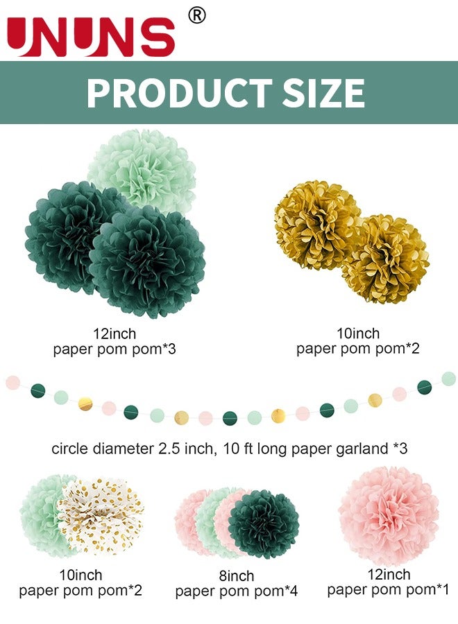 UNUNS Wedding Decorations Set,15PCS Sage Green Pink Tissue Paper Pompoms Circle Dots Garland String,Hanging Backdrop For Boho Bridal Theme Decor - Image 2