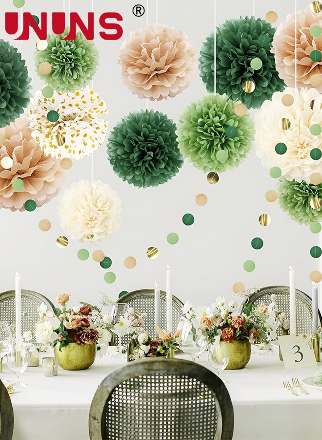 UNUNS Wedding Decorations Set,15PCS Sage Green Pink Tissue Paper Pompoms Circle Dots Garland String,Hanging Backdrop For Boho Bridal Theme Decor - Image 5