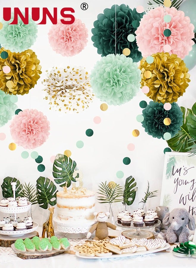 UNUNS Wedding Decorations Set,15PCS Sage Green Pink Tissue Paper Pompoms Circle Dots Garland String,Hanging Backdrop For Boho Bridal Theme Decor - Image 3
