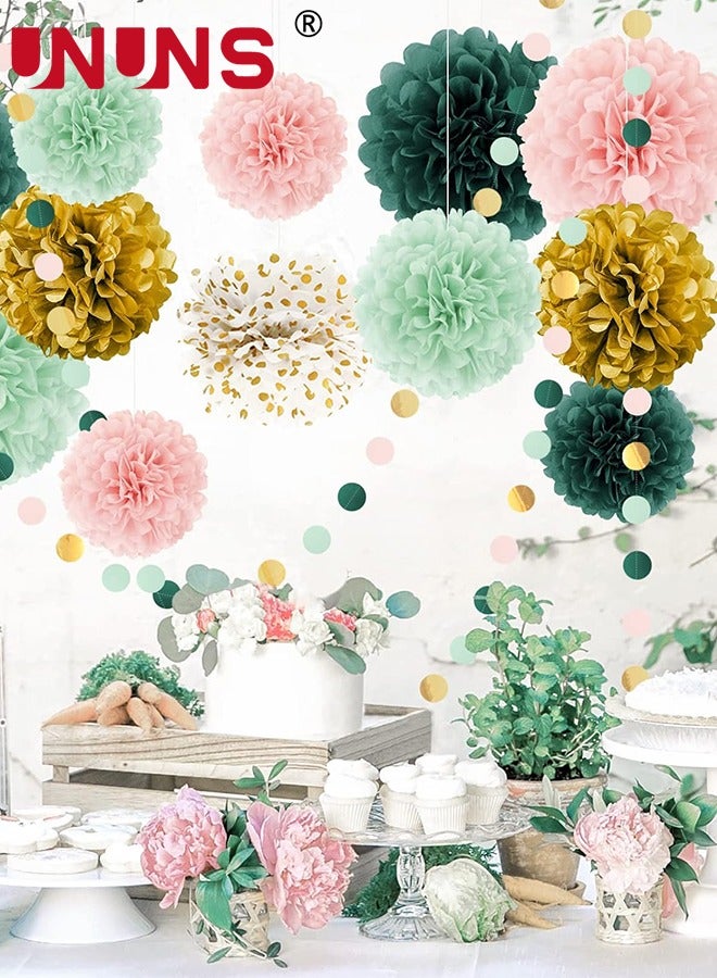 UNUNS Wedding Decorations Set,15PCS Sage Green Pink Tissue Paper Pompoms Circle Dots Garland String,Hanging Backdrop For Boho Bridal Theme Decor - Image 4