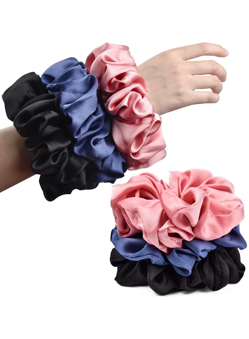 إسكدنيا 3 قطع من ربطات الشعر الحريرية الحقيقية للنساء، ربطة شعر كبيرة، ربطات شعر مرنة سميكة من الحرير الساتان، عبوة من 3 ربطات شعر كبيرة (أسود، وردي، أزرق) - Image 1