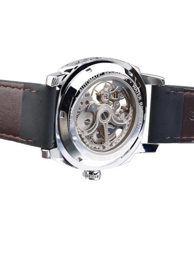 FORSINING Watches for Man, Square Retro Mechanical Watch Self-Wind Carved, Skeleton Automatic Watches Vintage Leather Strap Wristwatch - Image 3