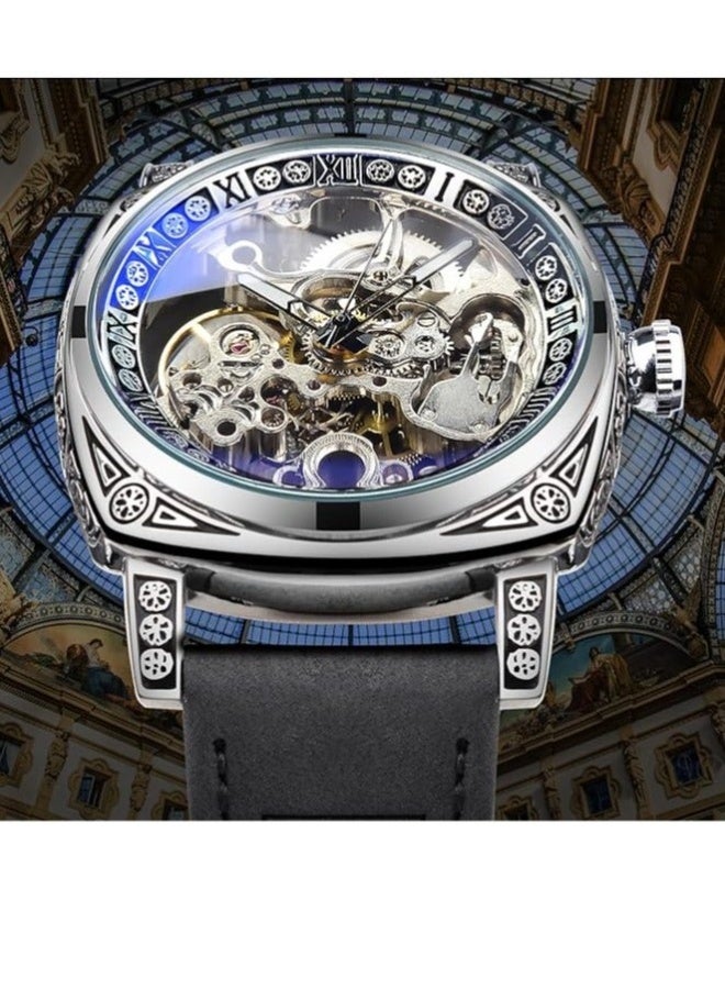 FORSINING Watches for Man, Square Retro Mechanical Watch Self-Wind Carved, Skeleton Automatic Watches Vintage Leather Strap Wristwatch - Image 5