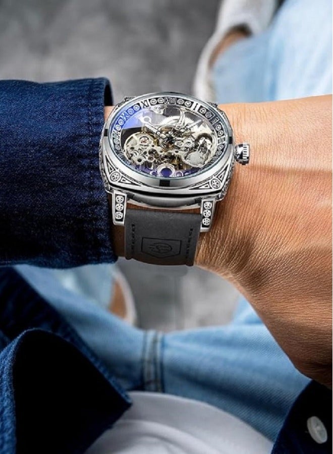 FORSINING Watches for Man, Square Retro Mechanical Watch Self-Wind Carved, Skeleton Automatic Watches Vintage Leather Strap Wristwatch - Image 4