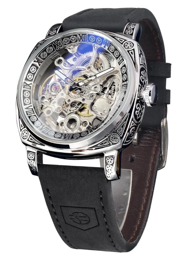 FORSINING Watches for Man, Square Retro Mechanical Watch Self-Wind Carved, Skeleton Automatic Watches Vintage Leather Strap Wristwatch - Image 1