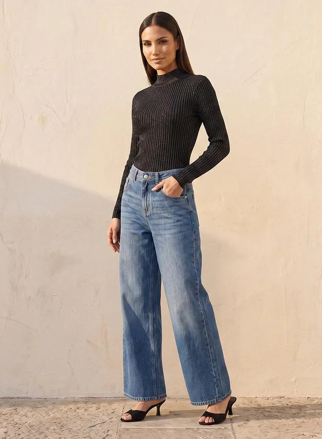 Splash FAV  Denim Wide Leg Buttoned Waist Cotton Jeans for Women | Best Price UAE