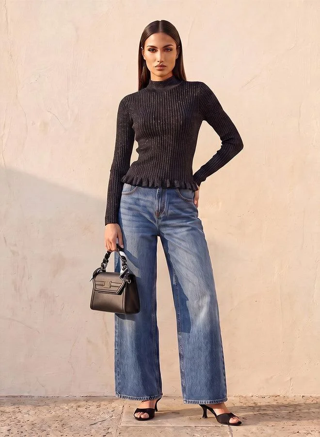 Splash FAV  Denim Wide Leg Buttoned Waist Cotton Jeans for Women | Best Price UAE