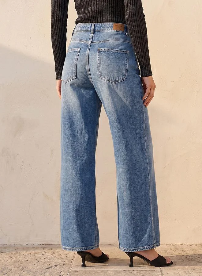 Splash FAV  Denim Wide Leg Buttoned Waist Cotton Jeans for Women | Best Price UAE