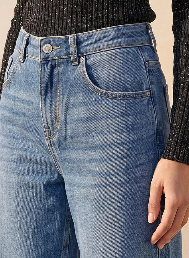 Splash FAV  Denim Wide Leg Buttoned Waist Cotton Jeans for Women | Best Price UAE