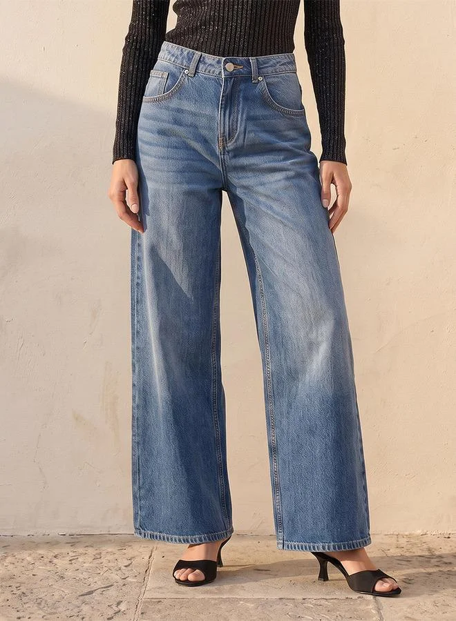 Denim Wide Leg Buttoned Waist Cotton Jeans