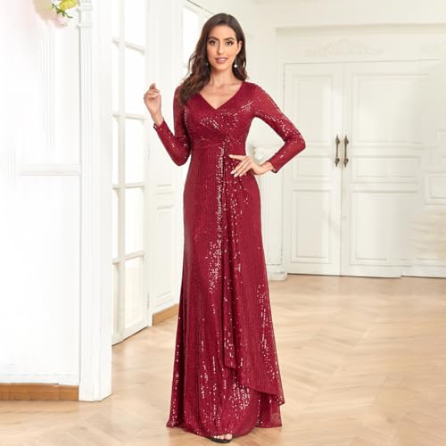 XUIBOL Glitter Sequin Formal Evening Gown Long Sleeve V Neck Wedding Guest Dress for Women Burgundy XL - Image 3