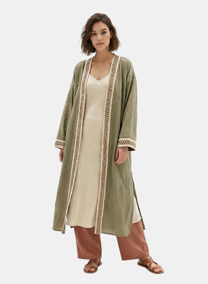 RAVIN Women Olive Green Open-Front Embroidered Long Cardigan - Image 4