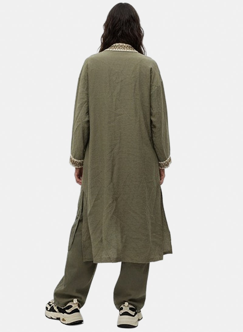RAVIN Women Olive Green Open-Front Embroidered Long Cardigan - Image 5