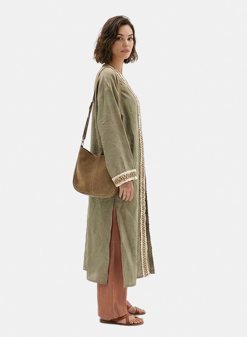 RAVIN Women Olive Green Open-Front Embroidered Long Cardigan - Image 3