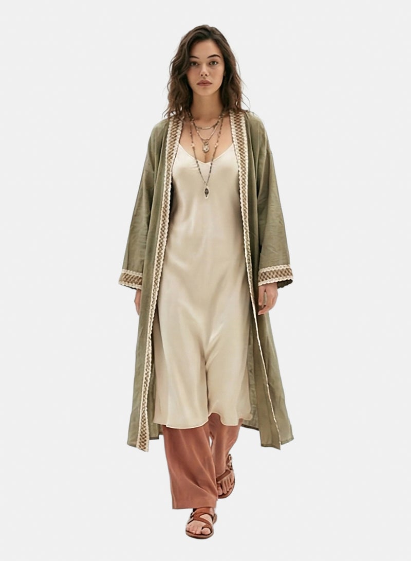 RAVIN Women Olive Green Open-Front Embroidered Long Cardigan - Image 1