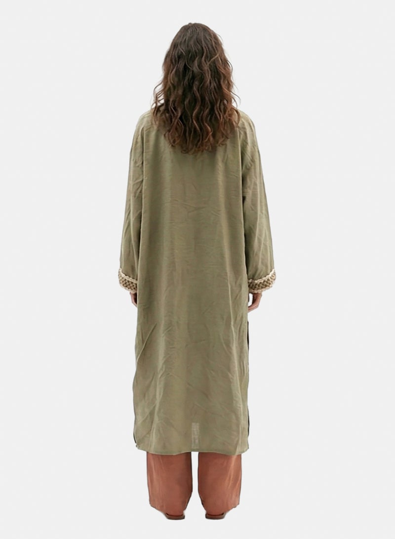 RAVIN Women Olive Green Open-Front Embroidered Long Cardigan - Image 2