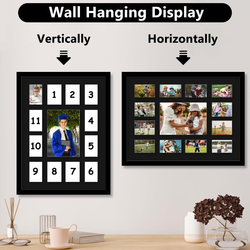 HEYTUYA 12x16 School Years Picture Frame K-12, Display One 5x7 Photo and Twelve 2.5x3.5 Pictures, Graduation Photo Collage Black Frame with Mat and Plexiglass for Wall hanging, Black Mat, Black - Image 3