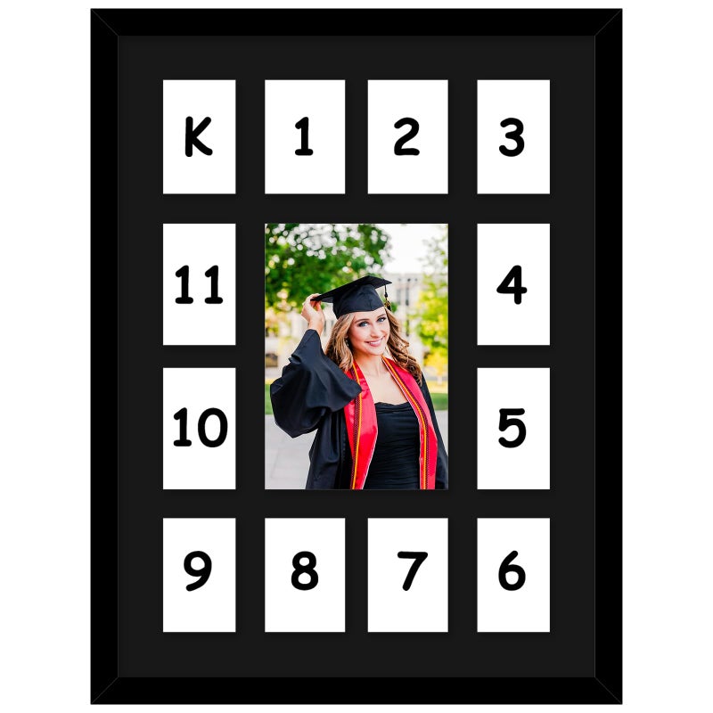 HEYTUYA 12x16 School Years Picture Frame K-12, Display One 5x7 Photo and Twelve 2.5x3.5 Pictures, Graduation Photo Collage Black Frame with Mat and Plexiglass for Wall hanging, Black Mat, Black - Image 1