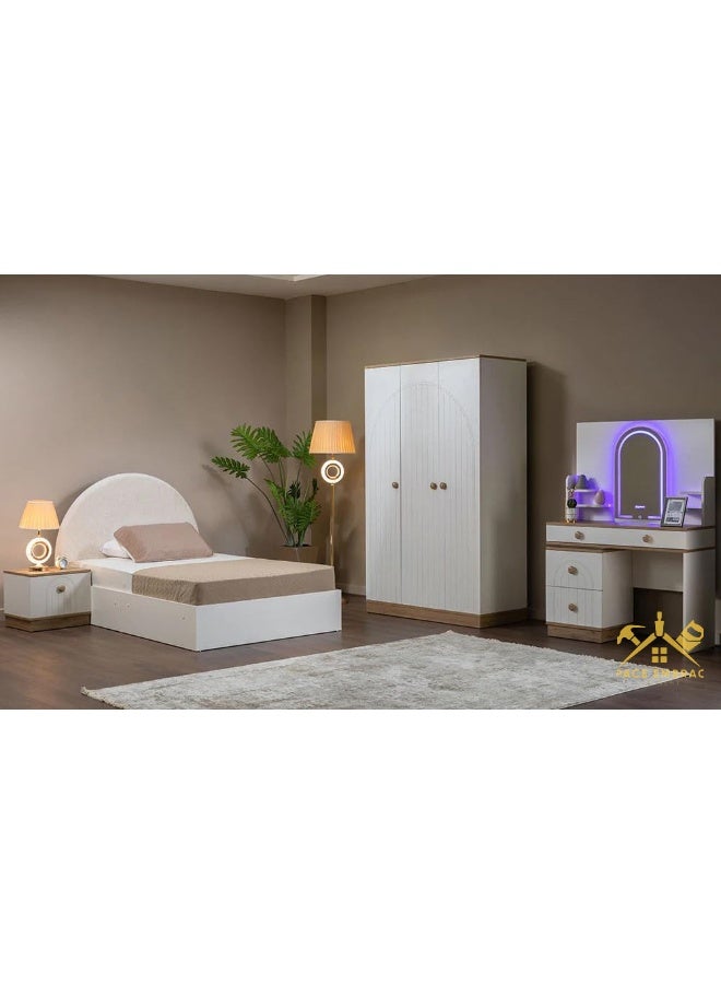 Modern Bedroom Furniture Set, Wardrobe, Single Bed, Nightstand, Dresser with LED Mirror