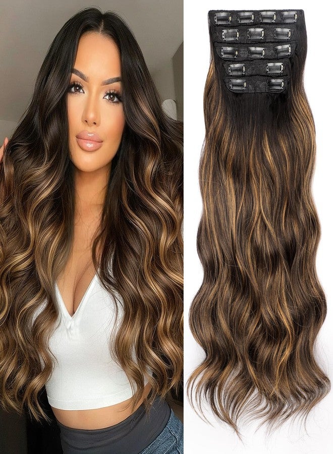 KooKaStyle Clip in Hair Extensions 20 Inch Long Wavy 5PCS Full Wrap Edges Ombre Black&Dark Mix Light Brown Natural Soft Synthetic Hair for Women - Image 1