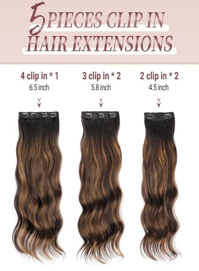 KooKaStyle Clip in Hair Extensions 20 Inch Long Wavy 5PCS Full Wrap Edges Ombre Black&Dark Mix Light Brown Natural Soft Synthetic Hair for Women - Image 3