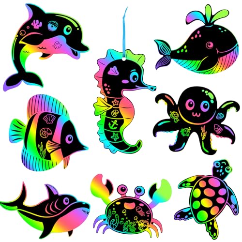 JULMELON 36 PCS Ocean Crafts Rainbow Scratch Art Under The Sea Party Favors DIY Magic Color Summer Ocean Animals Scratch Cards for Summer Party Favors School Activities - Image 1