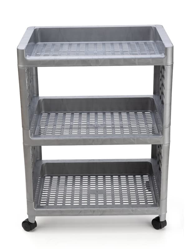 Finner Rectangular 3 Layer MultiPurpose Kitchen Storage Basket Rack Trolley with Wheels for Kitchen Office Use EasytoMove Slide Out Stand Rack Fruits Vegetables Basket StandGrey - Image 1